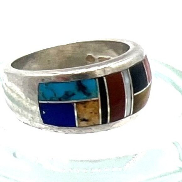 Southwest Sterling Silver Ring 9.5 Inlay Turquoise Lapis MOP Coral Mosaic Signed - Picture 6 of 11